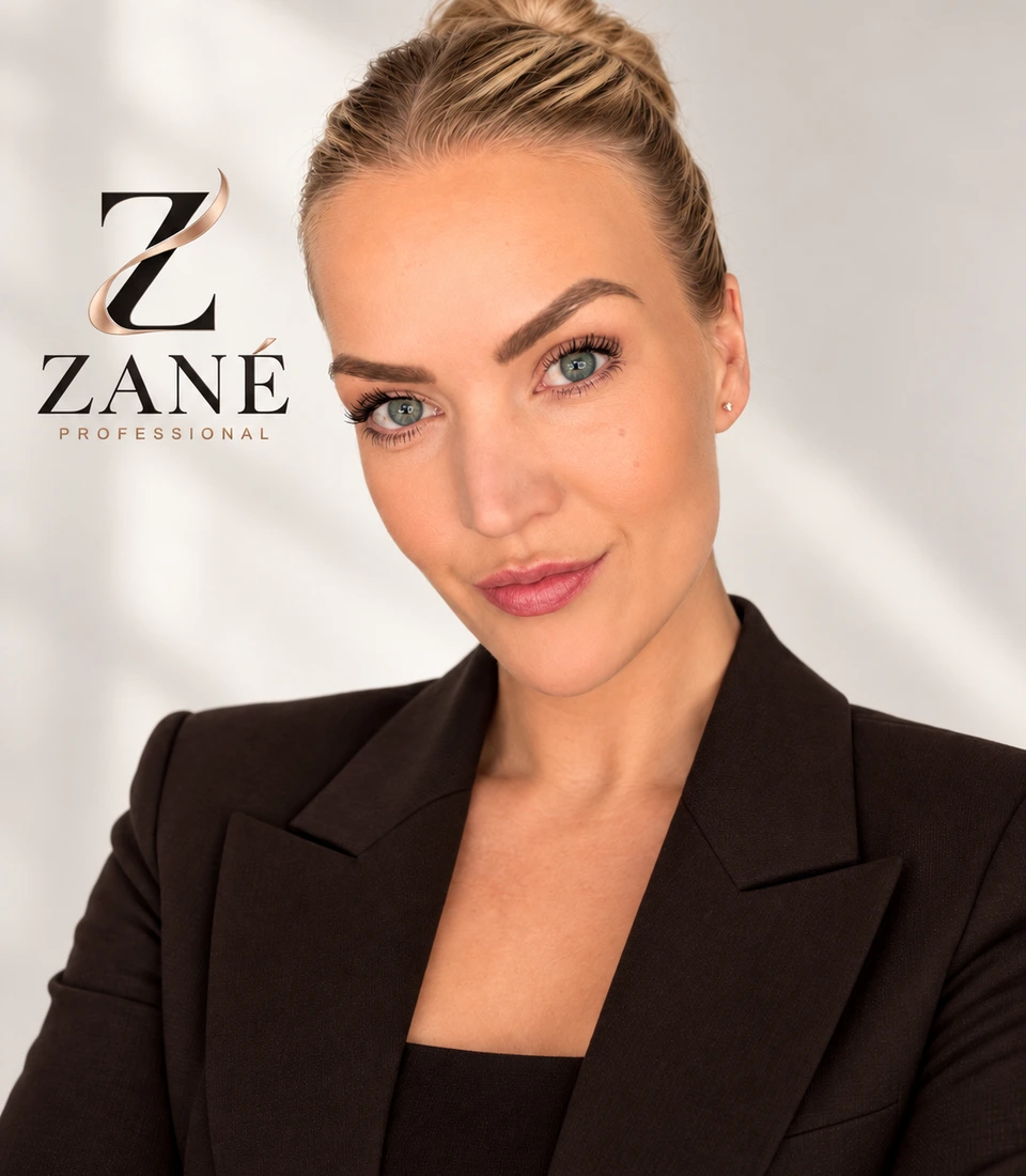 Brand portrait of Zané Fourie seated at a desk with ZANÉ PROFESSIONAL branding.