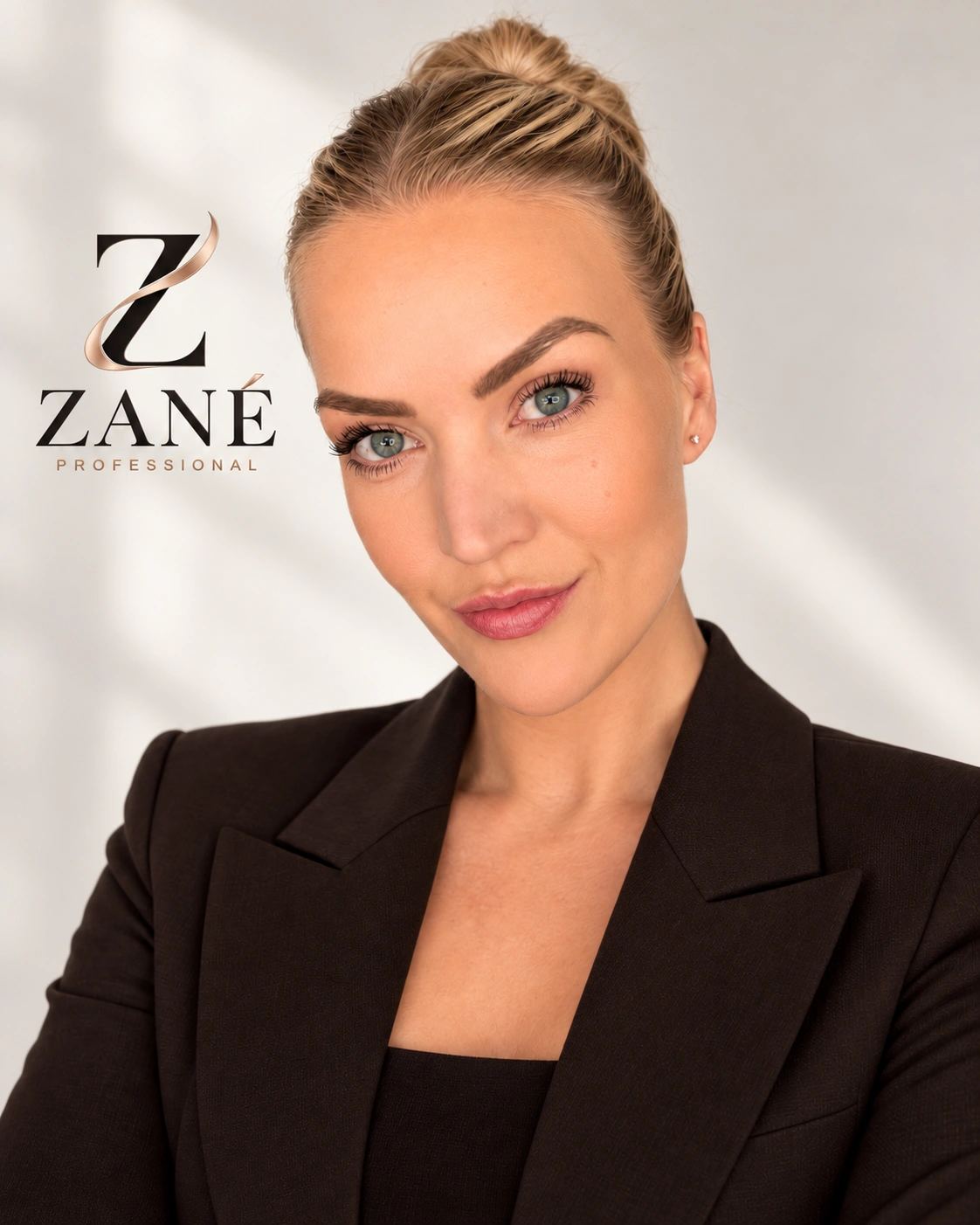 Brand portrait of Zané Fourie seated at a desk with ZANÉ PROFESSIONAL branding.